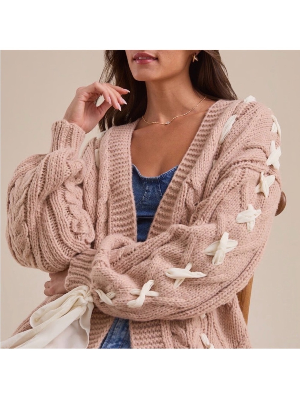 Altar'd State Callia Ribbon Chunky Cable Knit Cardigan in Taupe and Ivory